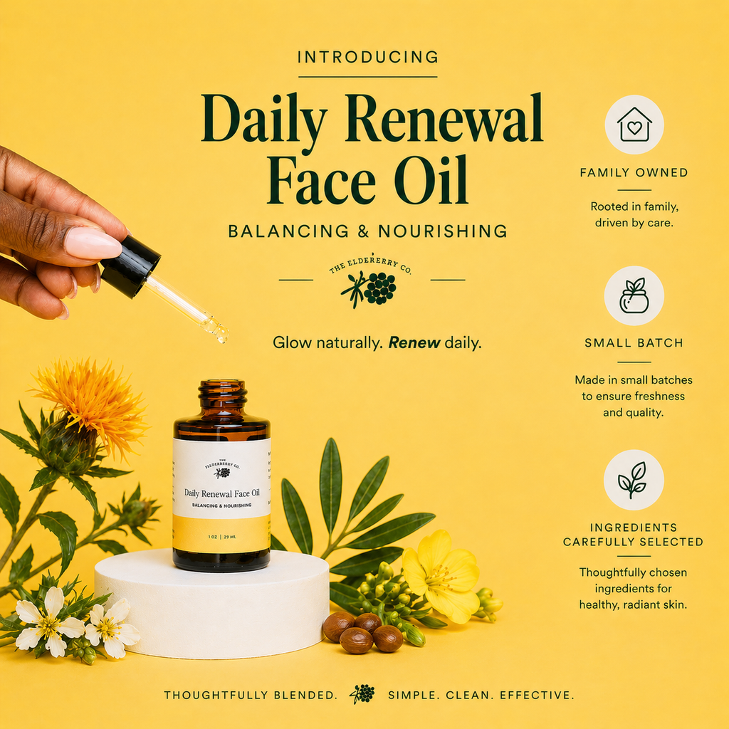 Advertisement for Daily Renewal Face Oil with a hand holding a dropper and oil bottle on a yellow background.