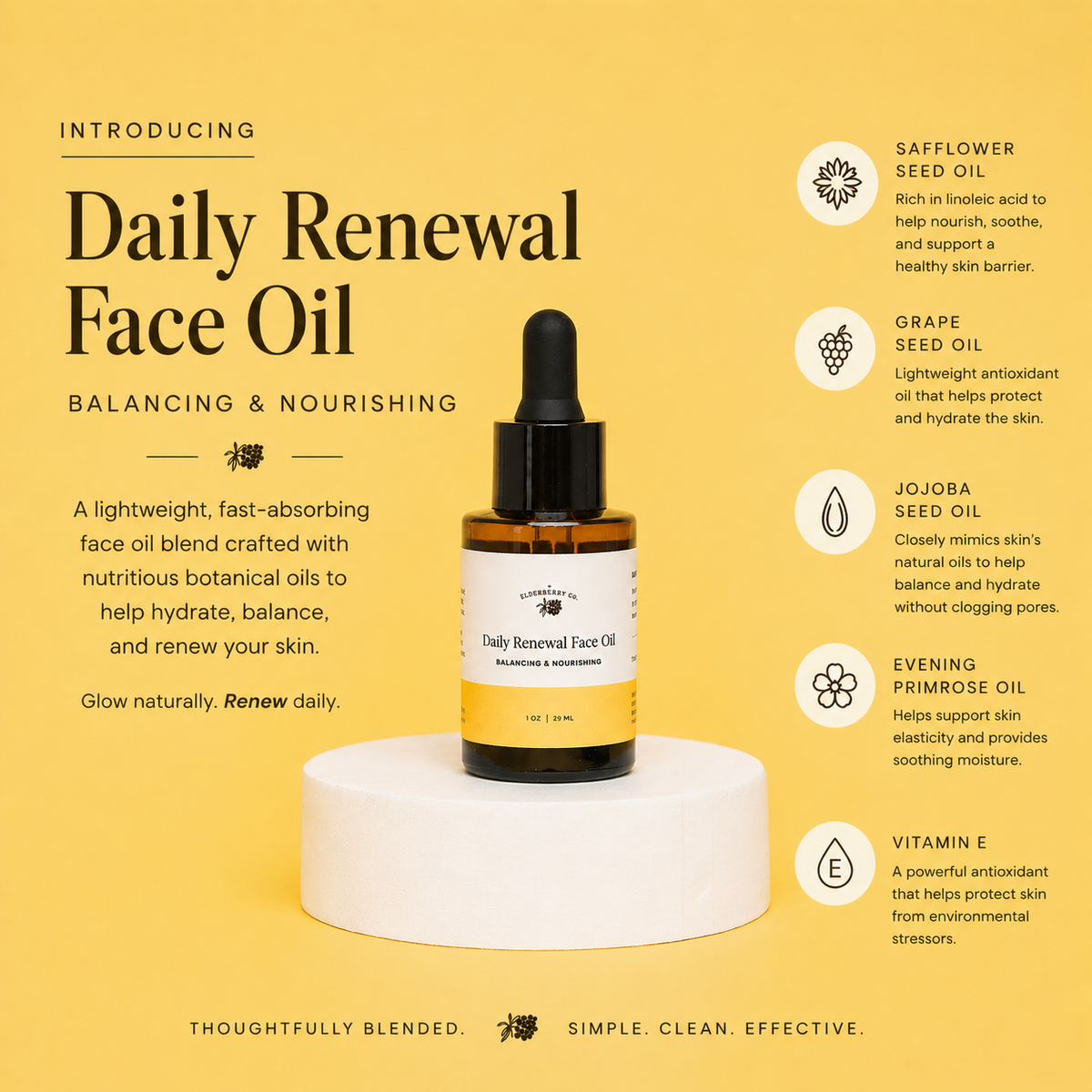 Daily Renewal Face Oil with ingredients listed on a yellow background