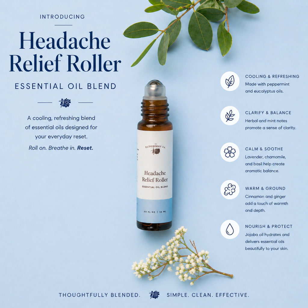 Headache Relief Roller essential oil blend with bottle and botanical elements on a light blue background