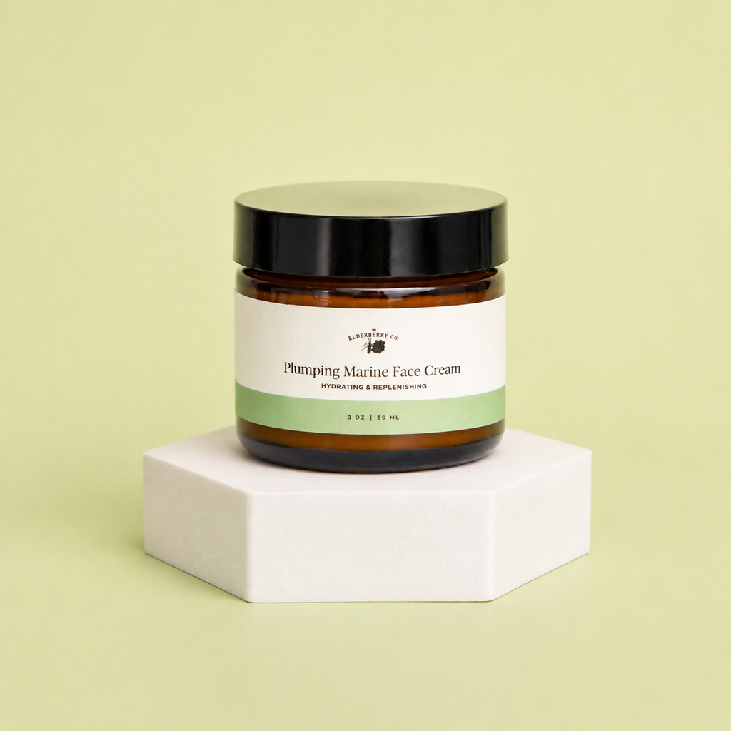 Jar of plumping marine face cream on a light green background