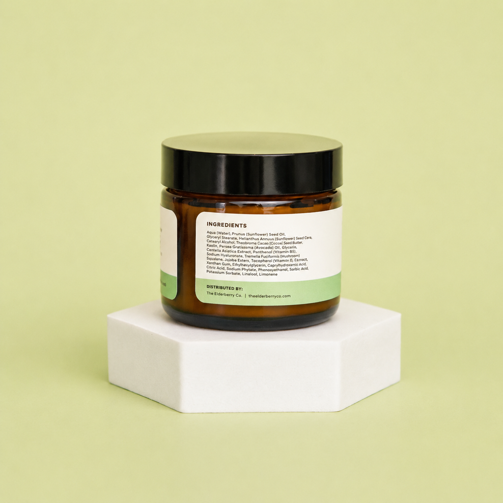 Jar with a label on a white block against a light green background